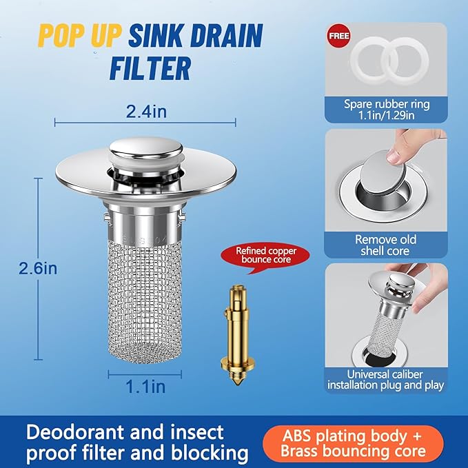 2024 New Pop Up Bathroom Sink Drain Strainer Hair Catcher, Sink Drain Stopper with Removable Stainless Steel Filter Basket,for US Bathroom Sink Stopper Replacement (2PCS)