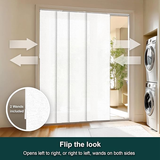 CHICOLOGY Panel Track Blinds for Sliding Glass Doors, 4 Panel Sliding Panels, Adjustable Track 46-86" W, Trimmable Height Up to 96" H, Light Filtering Privacy Room Divider, Chalk White