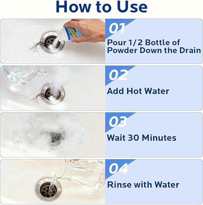 Sink and Drain Cleaner Powder Kit: Fast-Acting Clogged Pipe Opener for Kitchen Bathroom Pipes and Floor Drains - Drain Clog Remover for Routine Home Plumbing Maintenance (4 pack)