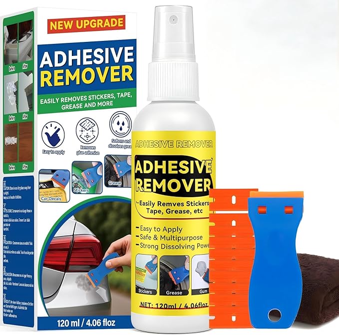 Adhesive Remover Spray with Scraper, Fast-Acting Multi-Surface Glue & Sticker Remover for Cars. Removes Labels, Decals, Tape Residue, Tar, Grease & Wax. Safe on Surfaces, Easy to Use.
