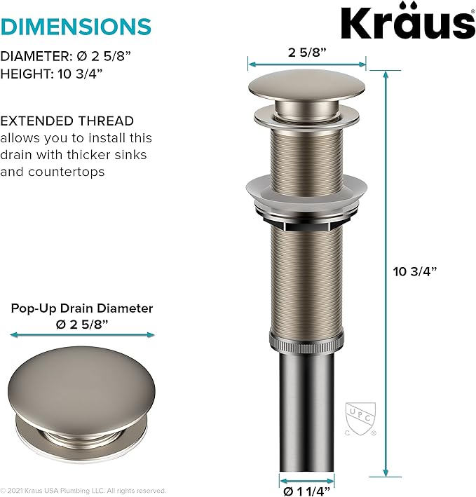 KRAUS Bathroom Sink Pop-Up Drain Assembly in Satin Nickel for Vessel Sinks and Sinks without Overflow, with Extended Thread for Thicker Countertops, PU-L10SN