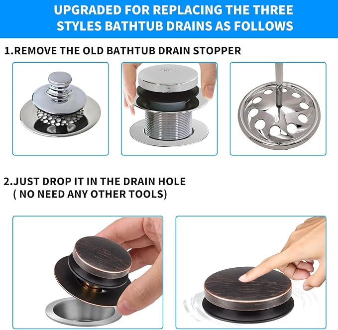 Bathtub Drain Stopper, Uxoz Universal Tub Stopper for Replacing Tip Toe/Trip Lever/Lift&Turn Tub Drain, Bath Tub Drain Stoppers Desiged for 1.5" to1.72 Drain Hole with 3 O-Rings, Oil Rubbed Bronze