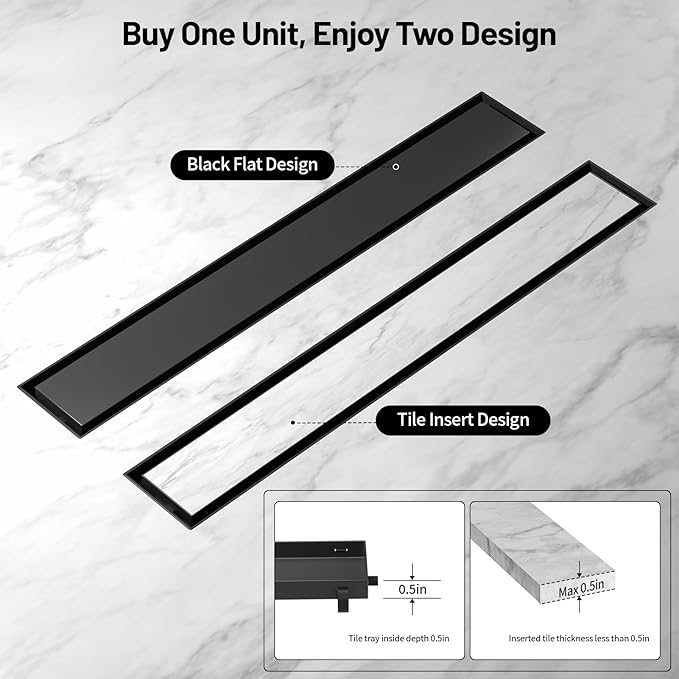Linear Shower Drain, 304 Stainless Steel with Adjustable Leveling Feet, Hair Strainer,Reversely Install Place to Create an Invisible Floor Drain - Black -48-Inch