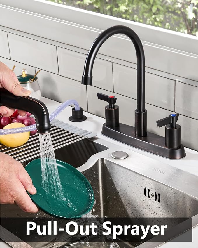 Kitchen Faucet with Sprayer 2 Handle Kitchen Sink Faucets 8 Inch Centerset 3 Hole with Supply Lines Oil Rubbed Bronze