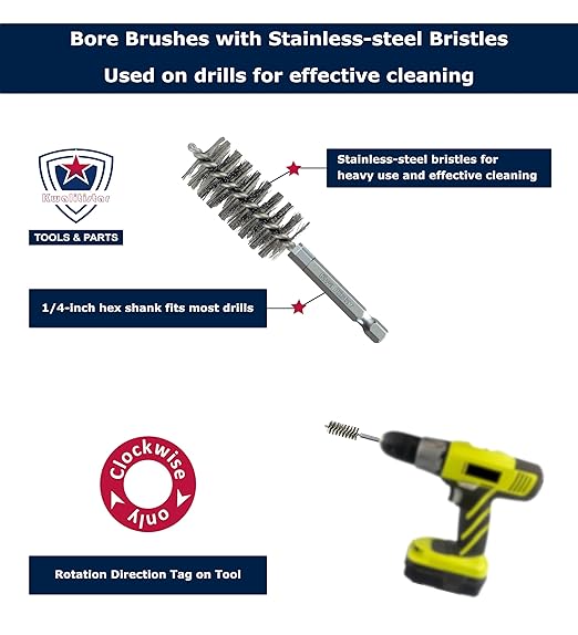 [8-Size] Bore Brush Set, Stainless-Steel Wire Cleaning Brushes for Power Drill, 1(1/8) to 1/4-inch Diameter in 1/8-in increments (29, 26, 22, 19, 16, 13, 10, 7 mm), with Rotation Direction on Tag