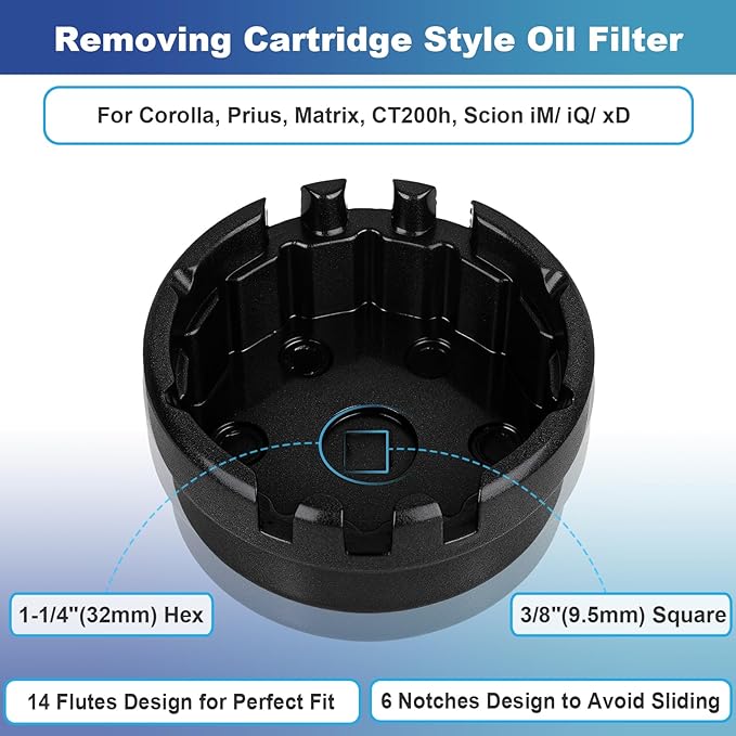 Professional 6 Slots 14 Flutes Oil Filter Wrench for Toyota, 64mm Oil Filter Removal Tool Socket, Oil Filter Cap Wrench for Corolla, Prius, Prius Prime/V, Matrix, CT200h, Scion iM/iQ/xD 1.8L Engine