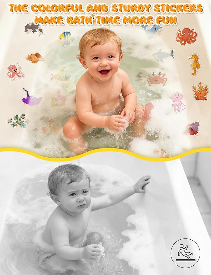 26Pcs Non Slip Bathtub Stickers, Cute Ocean Creature Stickers with Scraper, Anti Slip Bath Tub Shower Decal with Adhesive Back for Bathroom, Shower Stairs