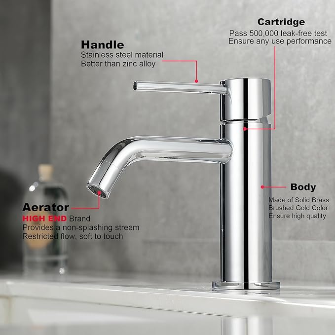 Chrome Bathroom Faucet Single Hole, Single Handle Water Faucet for Bathroom with Pop Up Drain Assembly and Water Faucet Supply Lines