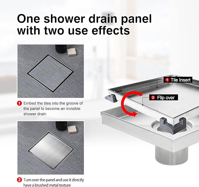 SaniteModar Square Shower Drain 4 inch Comes with Tiled Stealth and 304 Stainless Steel Brushed 2 in 1 Panels. The Shower Drain is Equipped Hair Filters and Threaded Joint with Rubber Seal