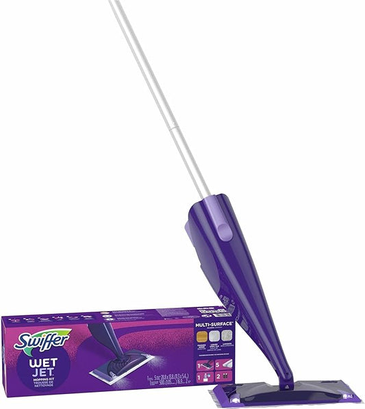 Swiffer Wet Jet Mop, Floor Cleaner for Mopping Wood, Laminate, Tile in Home, Bathroom, Kitchen, All Purpose Multi-Surface Cleaning Set includes 1 Spray Mop, 5 Pads Refill, 1 Fresh Scent Solution