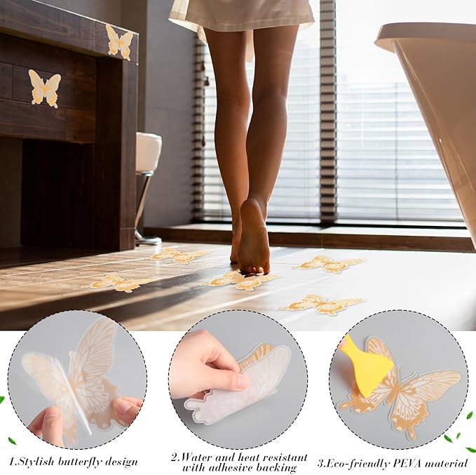 20 Pcs Non Slip Bathtub Stickers Anti Slip Shower Stickers Butterfly Anti Skid Bathtub Decals Adhesive Shower Grips Peel and Stick Treads Applique with Scraper(Gold,Butterfly)