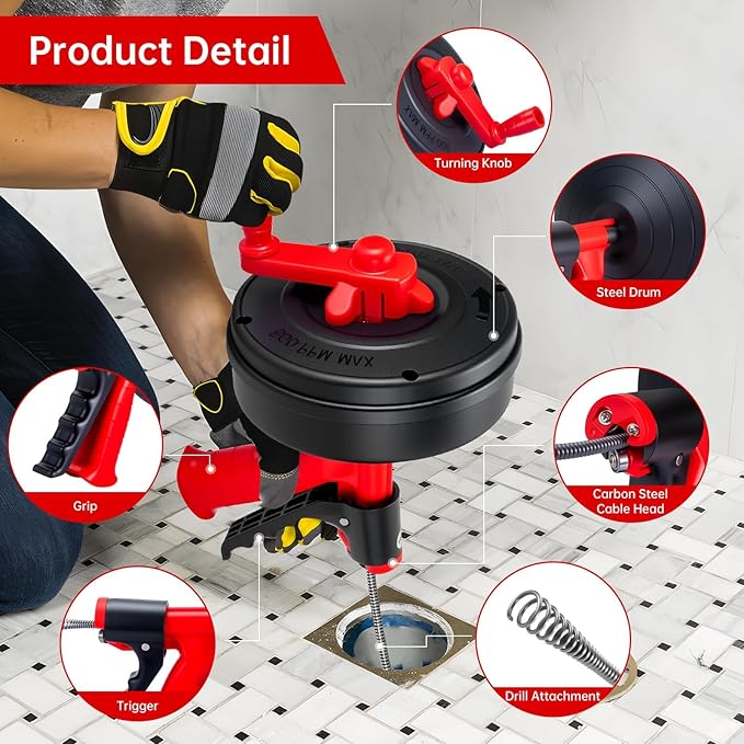 Drain Snake Hair Drain Clog Remover,SEVVETROOL Plumbing Drain Auger Snake Drill Attachment Toilet Snake Auger for Bathroom Kitchen Tub Shower Drain Clog Remover with Gloves(33ft/10M)