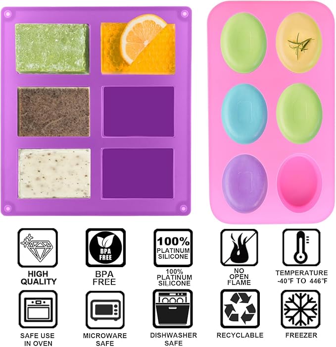 Silicone Soap Molds, Oval & Rectangle Soap Bar Mold, 6 Cavities DIY Mould for Homemade Craft Soap, Pudding, Muffin, Chocolate, Brownie, Cornbread, Cheesecake, Cake & Ice Cube - Just Pop Out