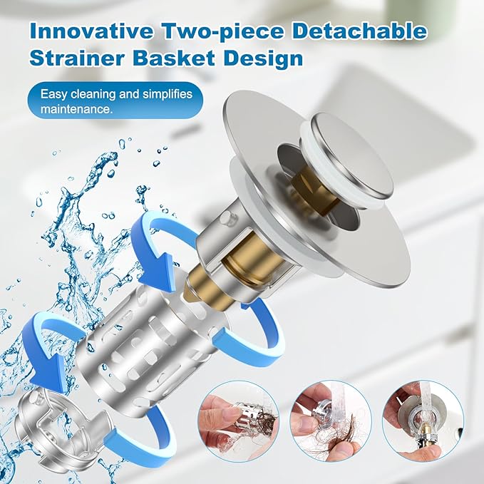 Hibbent 2 Pack Universal Bathroom Sink Drain Strainer, 3 in 1 Pop Up Stopper, Removable Stainless Steel Filter Basket, Brass Bullet Core, Hair Catcher Sink Plug for 1.1''~2.36'' Hole, Brushed Nickel