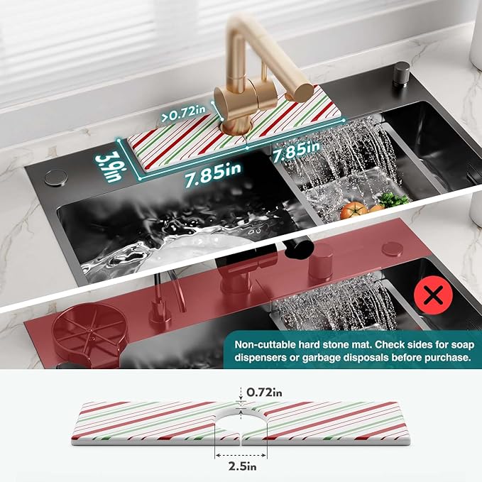 Stone Faucet Mat for Kitchen Sink, Diatomite Drying Stone Mat for Kitchen Counter, Prevent Moisture – Sink Splash Guard for Holiday Gift Home Decor (Red/Green, 15.7''x3.9'')