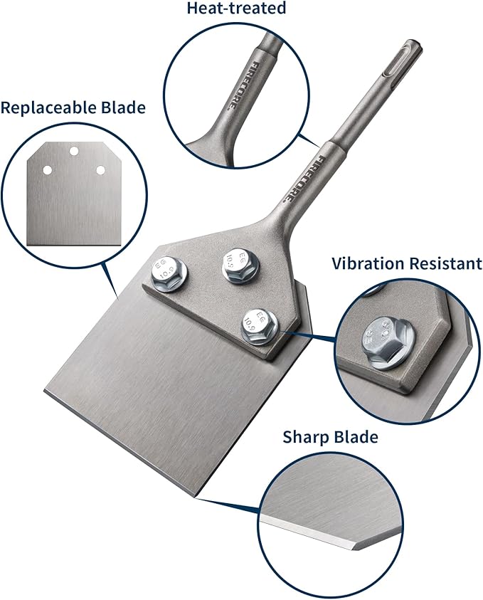 SDS Plus Floor Scraper with Replaceable Blade, Firecore 4 Inch By 10 Inch Thinset Removal Chisel Bits for SDS Plus Rotary Hammer Drill Power Tool, Scaling Tile Chisel Ceramic Vinyl Adhesive Remover