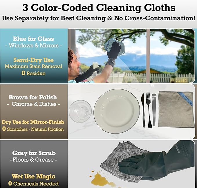 Lint-Free Streak-Free Glass Cleaning Cloth 3-Pack - Microfiber Towels Polish & Scrub with Only Water for Windows, Cars, Mirrors - Blue, Brown, Gray