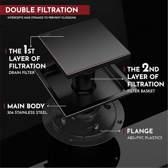 WEBANG 6 Inch Square Shower Drain Bronze Floor Drain with Flange Reversible 2-in-1 Cover Tile Insert Grate Removable SUS304 Stainless Steel CUPC Certified Oil Rubbed Bronze