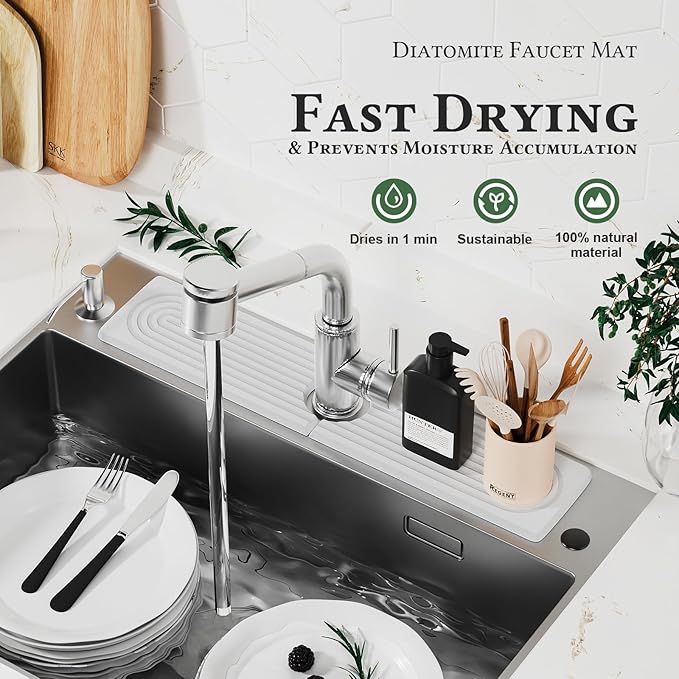 Quick Dry Sink Splash Guard - 15.8" Instant Dry Diatomaceous Earth Sink Faucet Mat for Kitchen and Bathroom Faucets - Highly Absorbent Faucet Mat, White