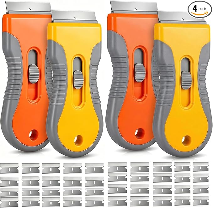 Razor Blade Scraper Tool 4 Pack with 40 Replacement Blades – Retractable Glass Scraper with Safety Lock & Non-Slip Grip for Windows, Cooktop, Stove Top, Sticker Label Paint Caulk Adhesive Remover