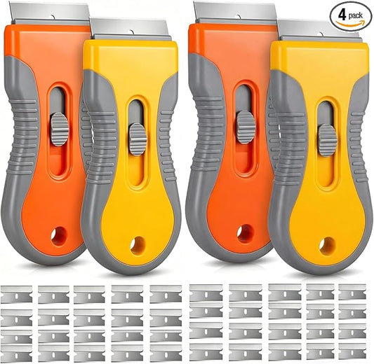 Razor Blade Scraper Tool 4 Pack with 40 Replacement Blades – Retractable Glass Scraper with Safety Lock & Non-Slip Grip for Windows, Cooktop, Stove Top, Sticker Label Paint Caulk Adhesive Remover