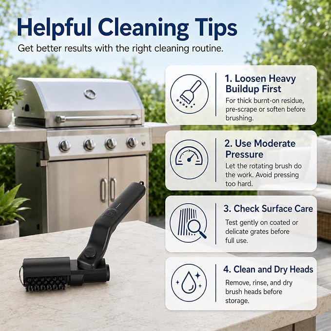 Vahrelo Grillmaster Pro Electric Grill Brush for Outdoor Grill, Cordless Rotary Cleaning Brush with Detachable Heads, Protective Cover, Type C Rechargeable BBQ Tool for Summer Cookouts
