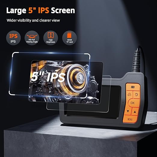 Triple Lens Sewer Inspection Camera, 50FT Semi-Rigid Cable, 5" IPS Screen Industrial Borescope, IP67 Pipe Snake Camera, 32G Storage Card, Carrying Case