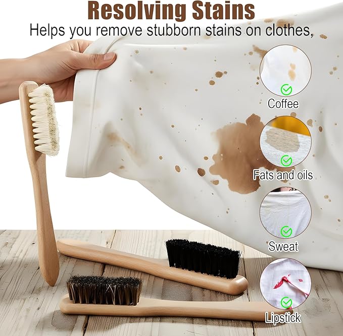 3 Pcs Laundry Stain Brush, Wood Laundry Stain Brush with Boar Bristle for Scrubbing Stains from Cloth Fabric Leather and Household