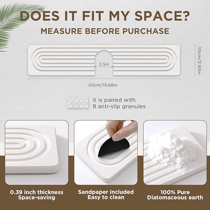 Faucet Mat for Kitchen Sink, Diatomite Stone Drying Sink Protectors, Bathroom Faucet Splash Guard, Quick Dry Water Absorbing, Non-Slip Stone Tray for Kitchen Counter, White, 20" x 3.9"