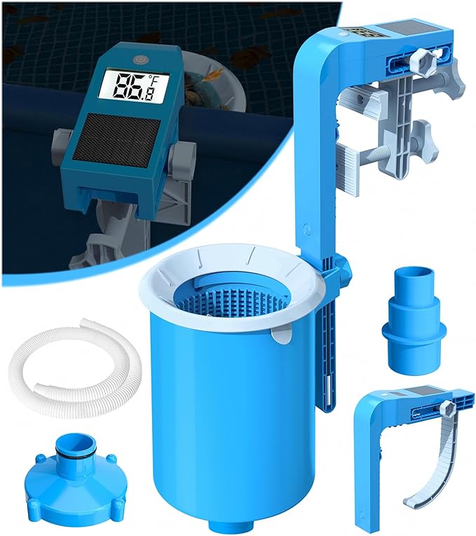 BluSwim Above Ground Pool Skimmer with Solar Digital Thermometer | Wall Mount Surface Skimmer - Auto Skimming Pool Floating Debris | 2 Upgraded Bracket - More Stable & Height Adjustable