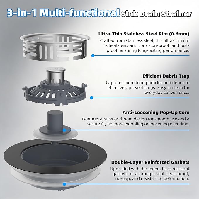 Hibbent Upgraded 3 in 1 Kitchen Sink Drain Strainer, Stainless Steel Pop Up Sink Stopper, Larger Anti-Clogging Basket, 3-Layer Seal, Detachable Drain Plug for US Standard 3-1/2" Drain, Matte Black