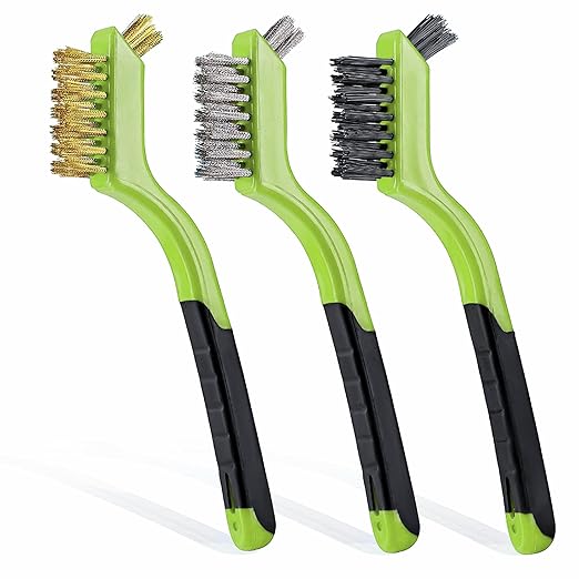 Wire Brush Set 3Pcs - Nylon/Brass/Stainless Steel Bristles with Curved Handle Grip for Rust, Dirt & Paint Scrubbing with Deep Cleaning – 7 Inches (Green)