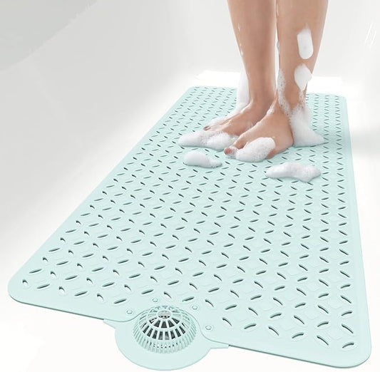 OTHWAY Bath Mat for Tub Non Slip: 39" X 17" Long Bathtub Mat with Hair Catcher│Big Drain Holes Shower Mats for Inside Shower│Machine Washable (Light Blue)
