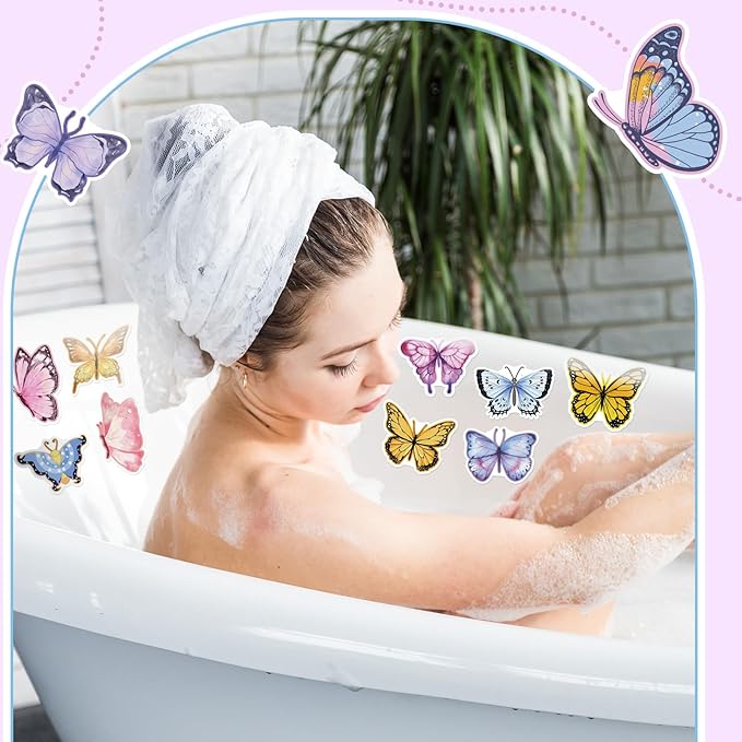 Yaomiao 24 Pcs Butterfly Non Slip Bathtub Stickers Shower Stickers Anti Slip Decal Threads Adhesive Appliques with Scraper Adhesive Decals for Safety Bathroom Tubs, Shower Floor, Stairs