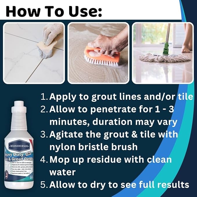 Wonderson Professional Strength 2-in-1 Heavy Duty Tile & Grout Cleaner with Acid Mimic Formula for White & Colored Grout with Ceramic or Porcelain Tiles - 32oz - 6 Pack