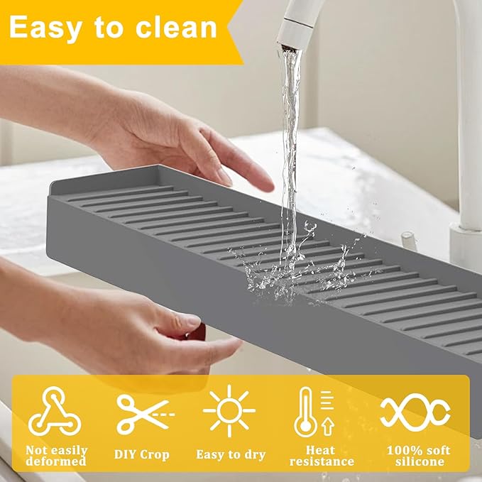 Silicone Sink Edge Protectors - Multifunction Accessories, Splash Guard & Draining Mat for Kitchen, Bathroom Sink, Steel, Granite, Quartz Countertops (Gray, 4 * 30in)