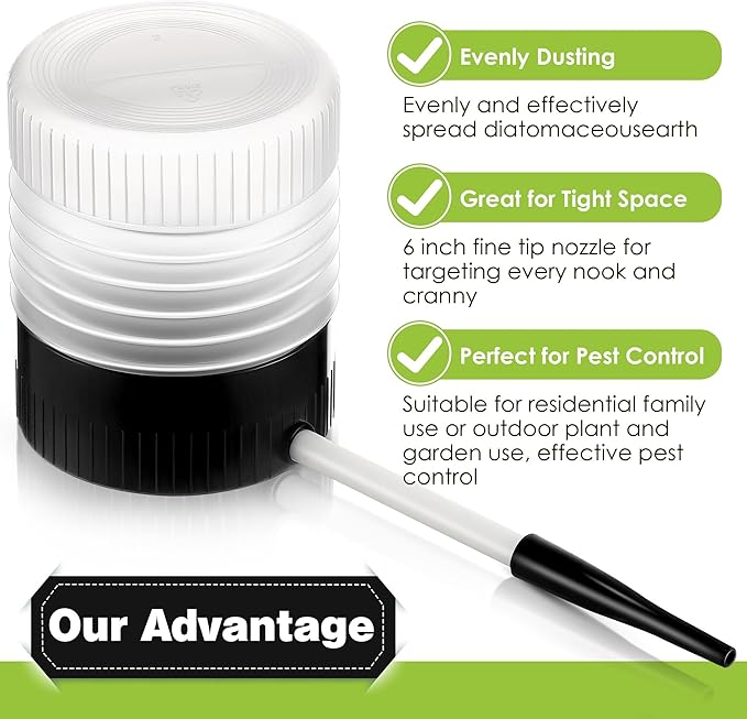 1 Pack Diatomaceous Earth Powder Duster, 6 Inch Refillable Handheld Dust Applicator with Fine Nozzle, Lightweight Powder Sprayer for Precise Application in Cracks Corners Baseboards (Black)