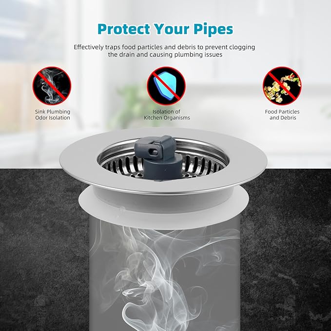Hibbent 3 in 1 Kitchen Sink Drain Strainer, Stainless Steel Wrapped Shell Drain Stopper Combo, Pop Up Sink Stopper, Stainless Steel Anti-Clogging Basket Strainer for US Standard 3-1/2" Drain