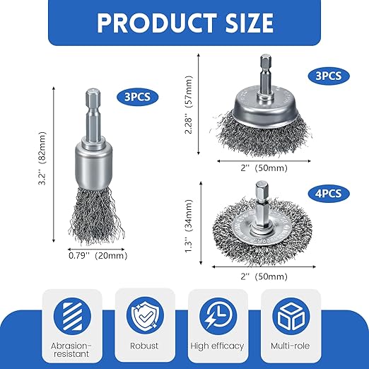 10 Pcs Drill Wire Brushes Coarse Carbon Steel Crimping Wire Wheel Cup Brushes, 1/4 Inch Hex Shank – Suitable for Rust Cleaning, Stripping & Abrasive Applications