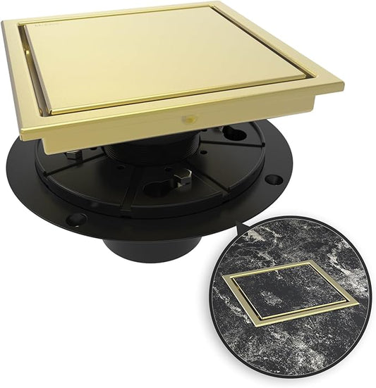 WEBANG 6 Inch Square Shower Drain Gold Floor Drain with Flange Reversible 2-in-1 Cover Tile Insert Grate Removable SUS304 Stainless Steel CUPC Certified Brushed Gold