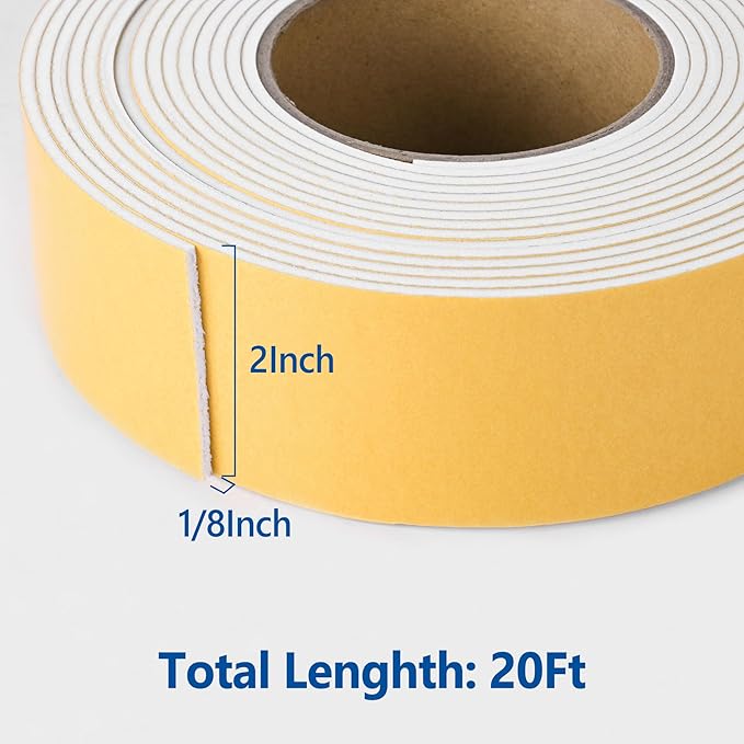 Kikerike Self Adhesive Foam Tape Weatherstrip 2in x 1/8in x 20Ft High Density Foam Insulation Strips Seal Weather Stripping with Strong Adhesive for Door and Window Sound Isolation Soundproofing