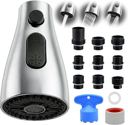 Kitchen Faucet Head Replacement, 3-Function Pull Down Spray Head with 9 Adapters, Sink Faucet Spray Head Compatible with Moen, Delta, American Standard Faucet, etc, Chrome