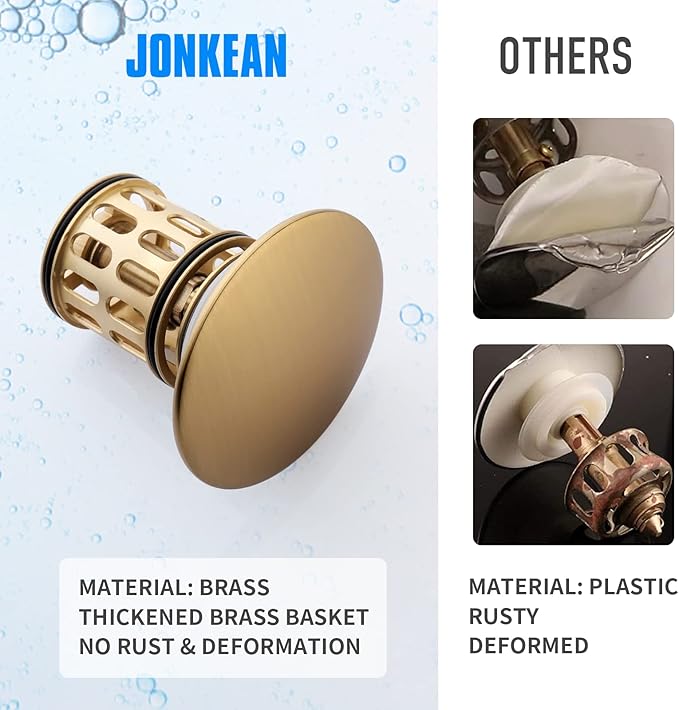 JONKEAN Bathroom Pop Up Drain Without Overflow,Vanity Vessel Sink Drain with Detachable Strainer Basket,Pop Up Drain Stopper Hair Catcher, Built-in Anti-Clogging Strainer(Brushed Gold)