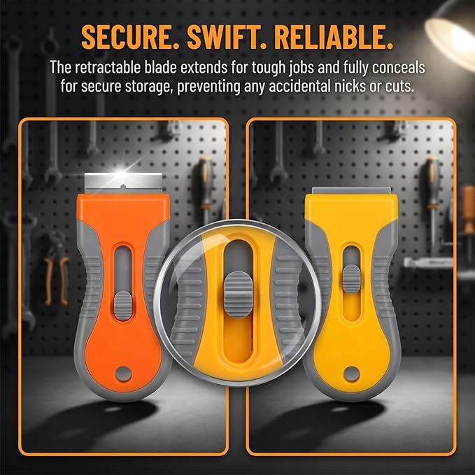 Razor Blade Scraper Tool 4 Pack with 40 Replacement Blades – Retractable Glass Scraper with Safety Lock & Non-Slip Grip for Windows, Cooktop, Stove Top, Sticker Label Paint Caulk Adhesive Remover