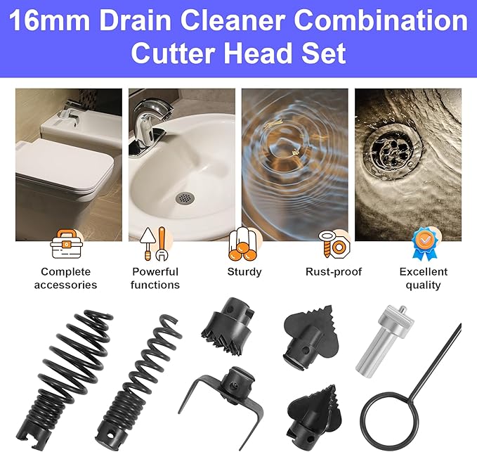 16mm Drain Cleaner Combination Cutter Head Set is drain auger drill attachment & drain snake drill attachment，Relioky 8pcs drain cleaning drum machine tool set for pipe drain cleaner machine,black
