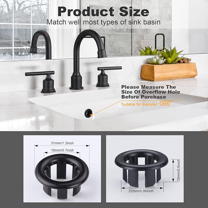 6 Pack Sink Overflow Ring Black, ARCORA Bathroom Kitchen Sink Basin Trim Overflow Cover Hole Insert Cap