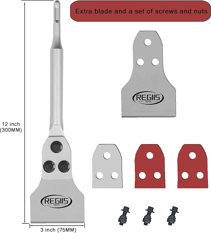 SDS Plus Floor Scraper 3 in. x 12 in. Wide Tile Flooring Adhesives Remover, Thinset Removal Tool Chisel Bit with Spare Blades for Rotary Hammer Drill