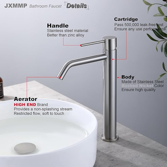 Vessel Sink Faucet Brushed Nickel, JXMMP Bathroom Sink Faucets Without Overflow Pop Up Drain and Water Faucet Supply Lines, Stainless Steel SpotShield Bathroom Faucet for Sink 1 Hole, JXM1001BN