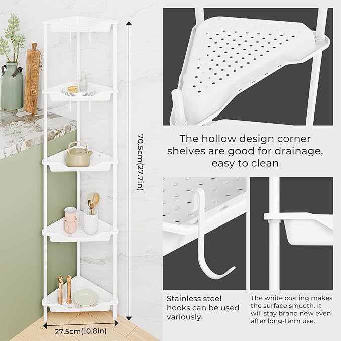 ODesign 5 Tier Floor Standing Corner Shower Caddy Organizer, Plastic Metal Floor Corner Shelf Storage Rack for Bathroom White - Rustproof