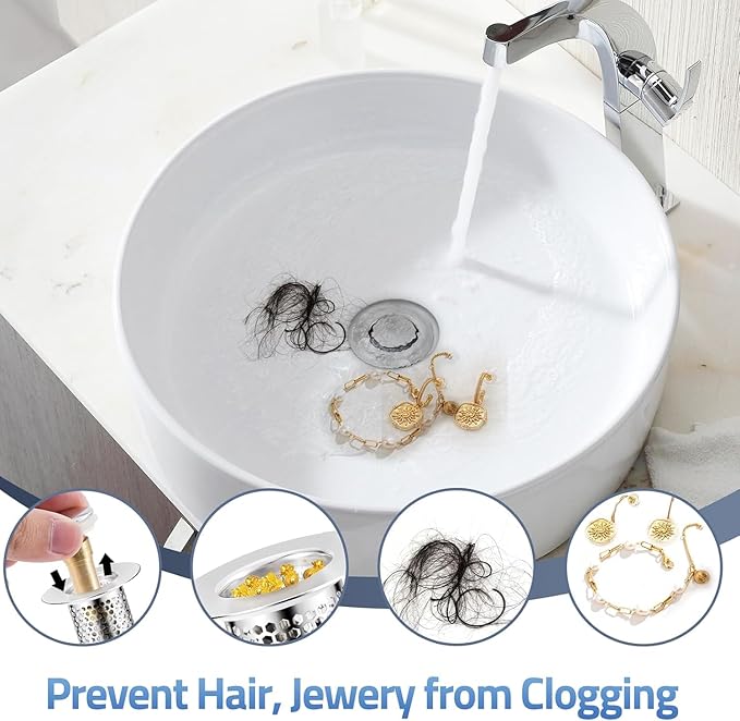2Pcs 3-in-1 Bathroom Sink Stopper Hair Catcher for 1.15-1.6 in, Universal Stainless Steel Drain Strainer, Pop-Up Bathroom Sink Stopper with Basket